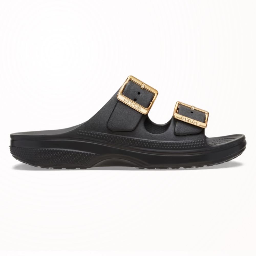 CROCS Metallic Buckle Saturday Sandal Size 9/10 NEW Black Gold Beach Resort - Picture 3 of 9